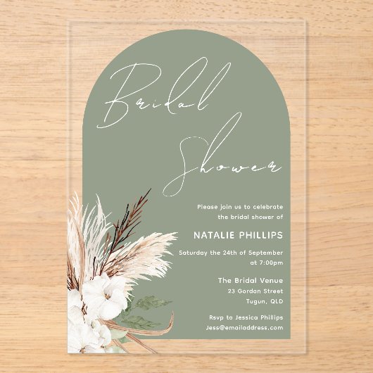 Sage Boho Arch White Floral Vrijgezellenfeest Acryl Uitnodigingen (Voorkant)