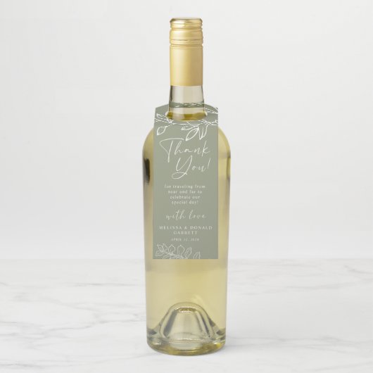 Sage Boho Bloemen Script Bruiloft Dank u Flessenhanger (Op fles)