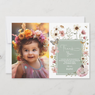 Sage Boho Fairy Wildflower Meisje Verjaardag Foto Bedankkaart