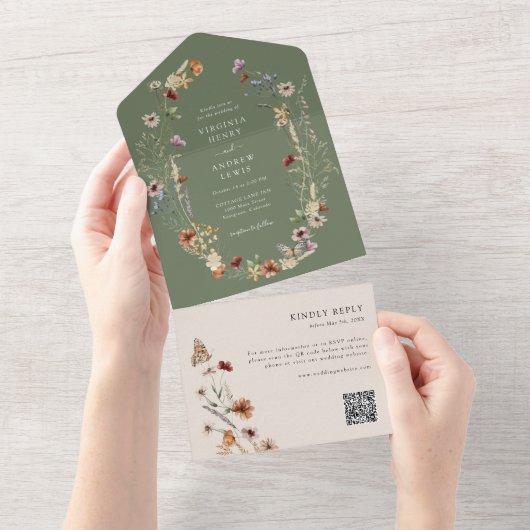 Sage Boho QR Code All In One Uitnodiging (Afscheurbaar)