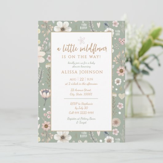 Sage Boho Wildflower Baby Borrel Kaart (Staand voorkant)