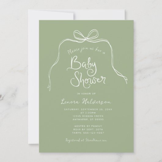 Sage Bold Simple Bow Baby shower Invitation Kaart (Voorkant)