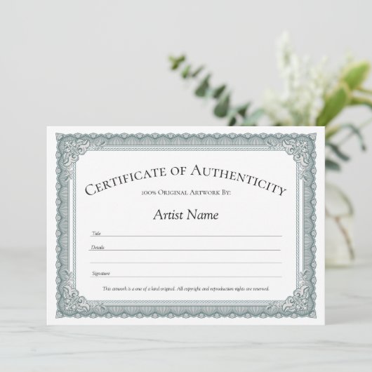 Sage Border Certificate of Authenticity Invitation Kaart (Staand voorkant)