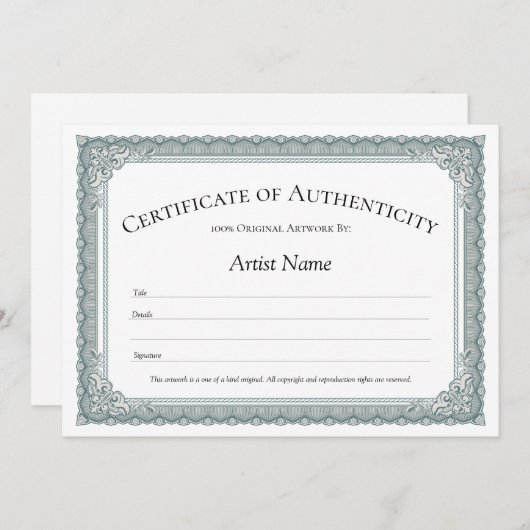 Sage Border Certificate of Authenticity Invitation Kaart (Voorkant / Achterkant)