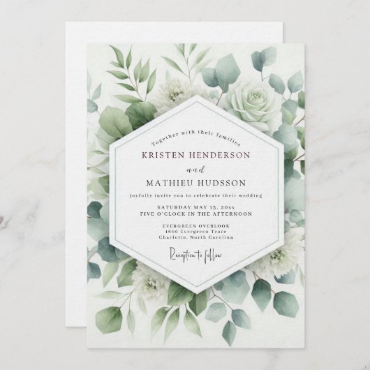 Sage Botanical Aquarelle Wedding Kaart (Voorkant / Achterkant)