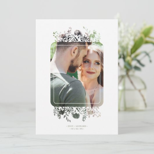 Sage Botanical Elegant Wildflowers Photo Wedding Kaart (Staand voorkant)