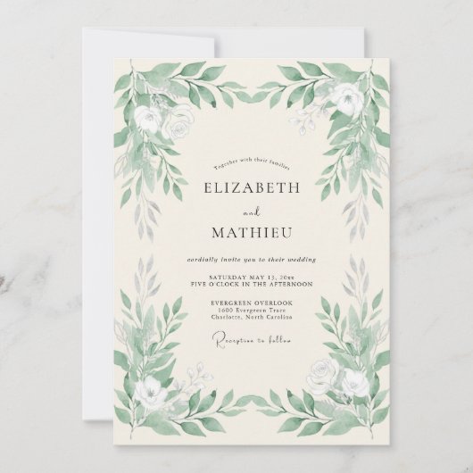 Sage Botanical Flourish Bruiloft Kaart (Voorkant)