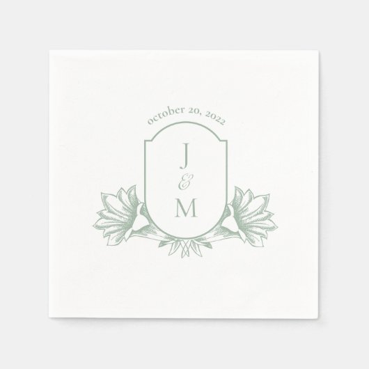 Sage Botanical Monogram Crest Wedding Napkins Servet (Voorkant)