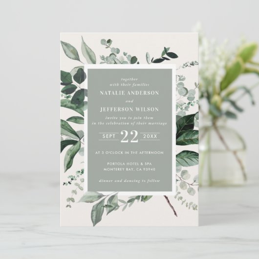 Sage botanische bloemen elegante bruiloft details  kaart (Staand voorkant)