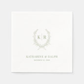Sage Botanische & lint Crest Monogram Huwelijk Servet (Voorkant)