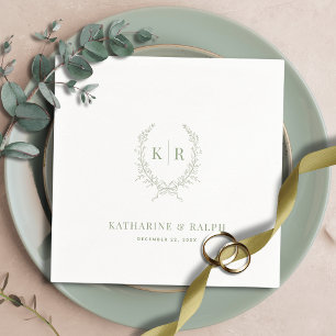 Sage Botanische & lint Crest Monogram Huwelijk Servet