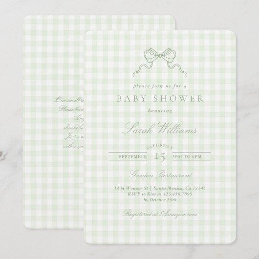 Sage Bow Baby Shower invitation Kaart (Voorkant / Achterkant)