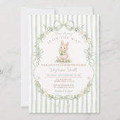 Sage Bow Stripe Green Bunny Baby Shower Invitation Kaart (Voorkant)