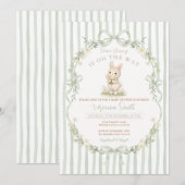Sage Bow Stripe Green Bunny Baby Shower Invitation Kaart (Voorkant / Achterkant)
