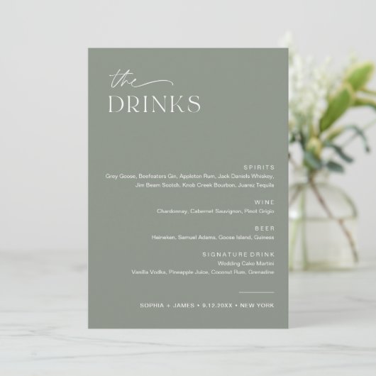 SAGE Bruiloft Drink Bar Menu 5x7 Kaart (Staand voorkant)