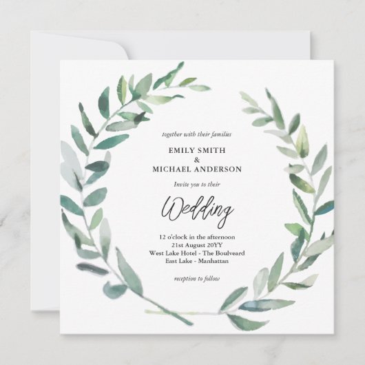 Sage Bruiloft Uitnodiging Moderne olijfbladeren (Voorkant)