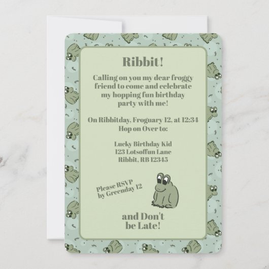 Sage Bubble Frogs - fun kids birthday party. Kaart (Achterkant)