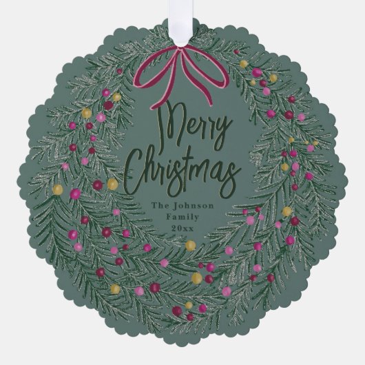 Sage Burgundy Merry Christmas Ornament with Photo (Voorkant)