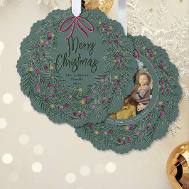 Sage Burgundy Merry Christmas Ornament with Photo Kaart