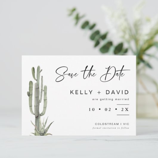 Sage Cactus Succulent Wedding Save the Date Kaart (Staand voorkant)