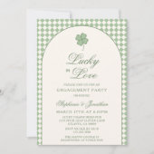 Sage Checkered Lucky in Love Engagement Party Kaart (Voorkant)