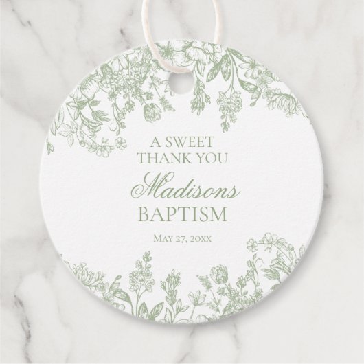 Sage Chinoiserie Bloemen Doopcirkel Bedankjes Labels (Voorkant)