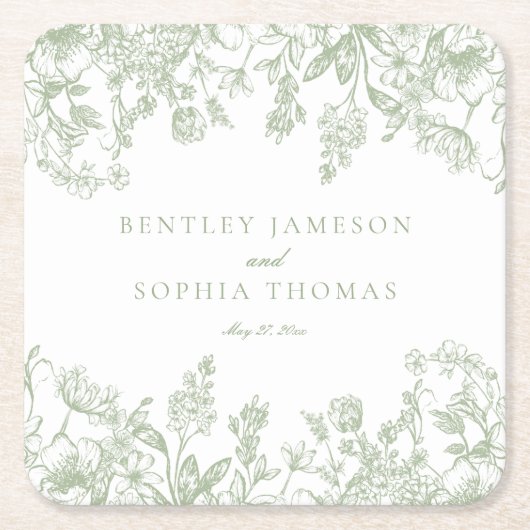 Sage Chinoiserie Bloemen Huwelijksgunsten Kartonnen Onderzetters (Voorkant)
