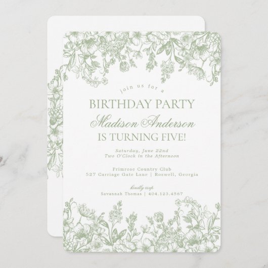 Sage Chinoiserie Bloemen Verjaardagsfeest Kaart (Voorkant / Achterkant)