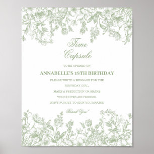 Sage Chinoiserie Bloemige Tijdscapsule Baby Geboor Poster
