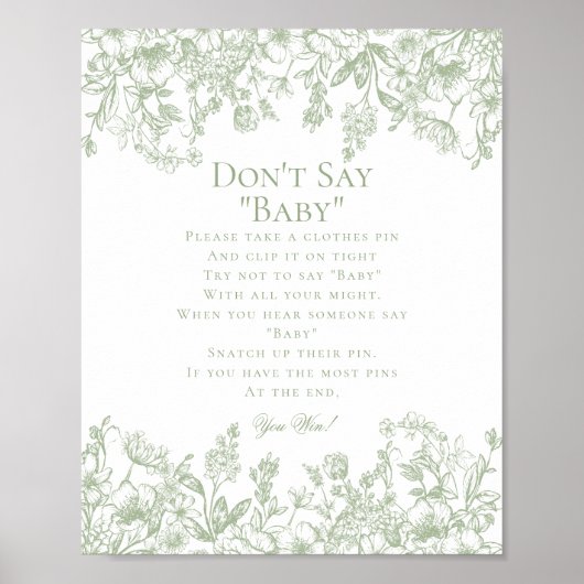 Sage Chinoiserie Dont Say Baby shower Game Poster (Voorkant)