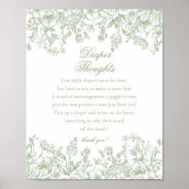 Sage Chinoiserie Flora Diaper Thoughts Baby Shower Poster