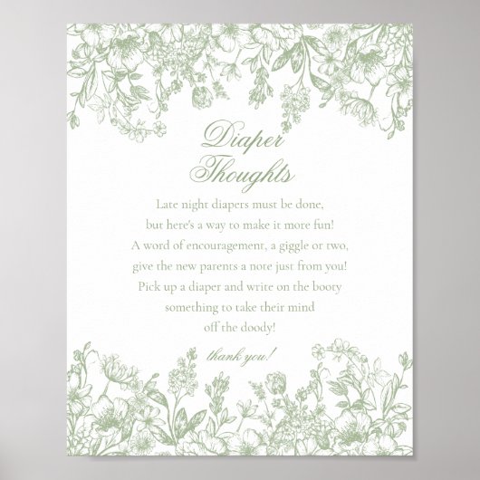 Sage Chinoiserie Flora Diaper Thoughts Baby Shower Poster (Voorkant)