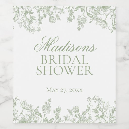 Sage Chinoiserie Floral Bridal Shower Favors Wijn Etiket (Enkel label)