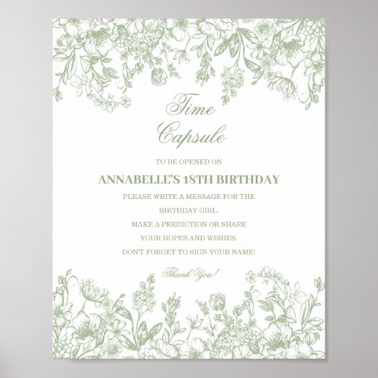 Sage Chinoiserie Floral Time Capsule Baby Birthday Poster (Voorkant)