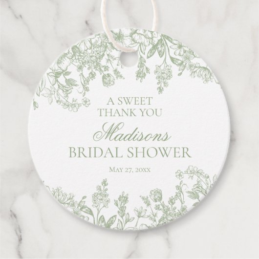 Sage Chinoiserie Floral Vrijgezellenfeest Circle Bedankjes Labels (Voorkant)