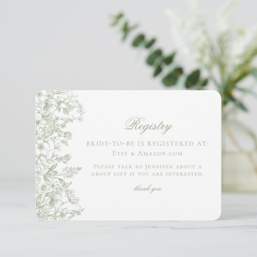 Sage Chinoiserie Retro Floral Bridal Registry Card Informatiekaartje (Staand voorkant)