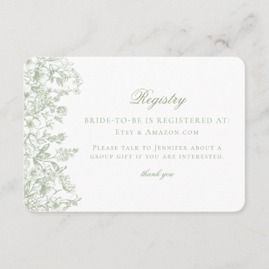Sage Chinoiserie Retro Floral Bridal Registry Card Informatiekaartje (Voorkant)