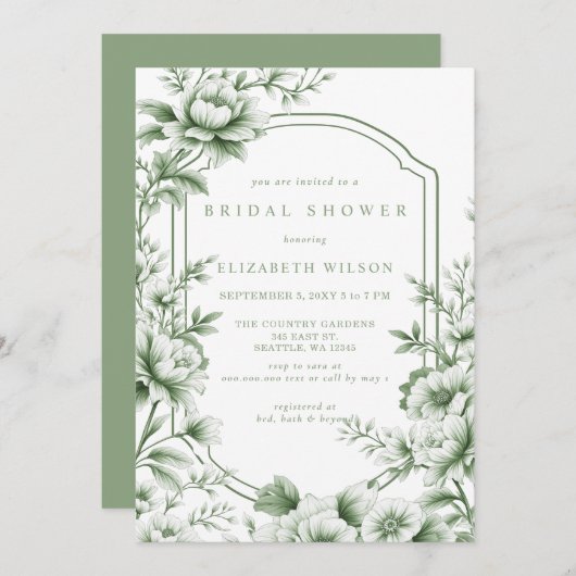 Sage Chinoiserie Toile Floral Bridal Shower Kaart (Voorkant / Achterkant)