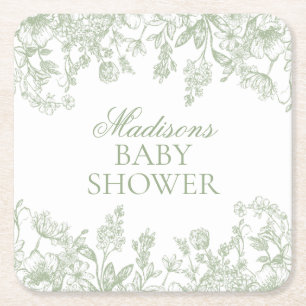Sage Chinoiserie Vintage Bloemen Baby Shower Kartonnen Onderzetters