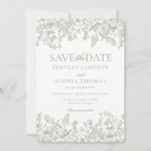 Sage Chinoiserie Vintage Bloemen Save the Date Kaa Kaart