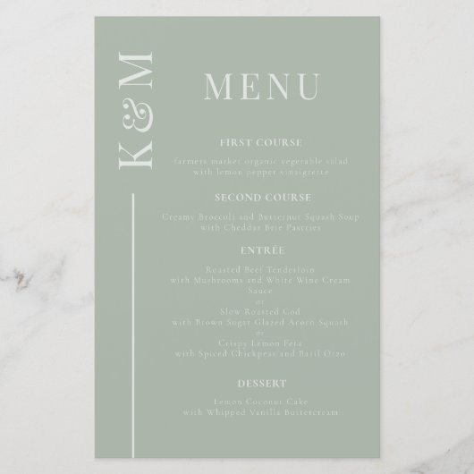 Sage Clean Line Bruiloft Diner Menu (Voorkant)