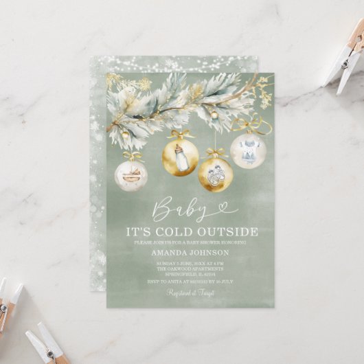 Sage Cold Buiten Snowflake Kerst Baby shower Kaart (Voorkant / Achterkant in situ)