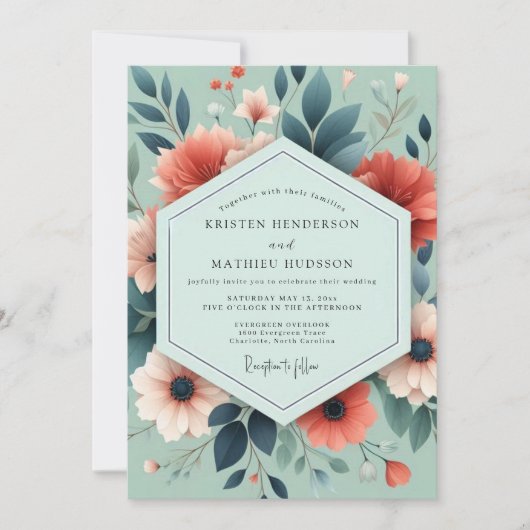 Sage Coral Artful Bloom Wedding Kaart (Voorkant)