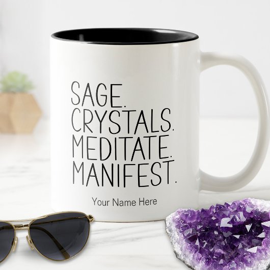 Sage Crystals Meditate Manifest Quote Metafysisch Tweekleurige Koffiemok