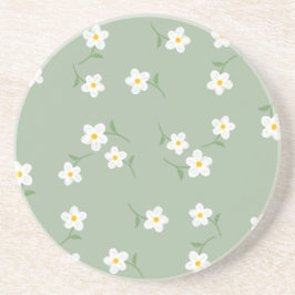 Sage Daisy Bloemenserviet | Elegante Botanische On Zandsteen Onderzetter
