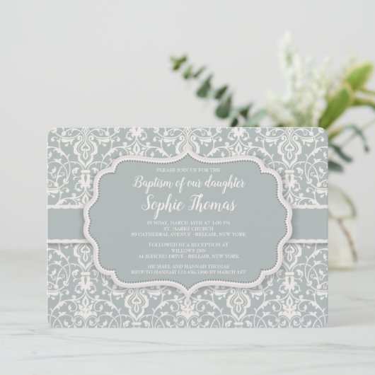 Sage Damask Invitation Kaart (Staand voorkant)