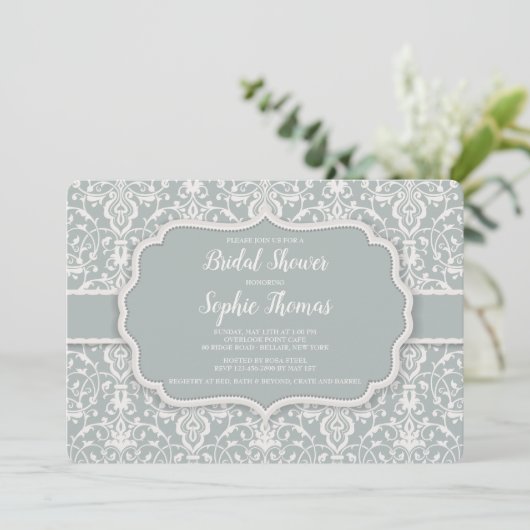 Sage Damask Invitation Kaart (Staand voorkant)