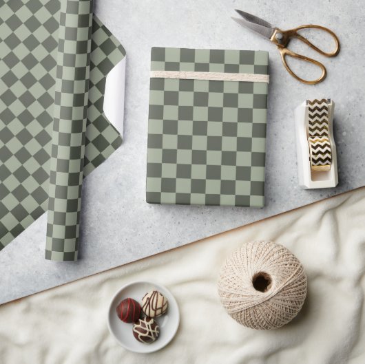 Sage Dark Green Checker Checkerboard Checkered Cadeaupapier (Crafts)
