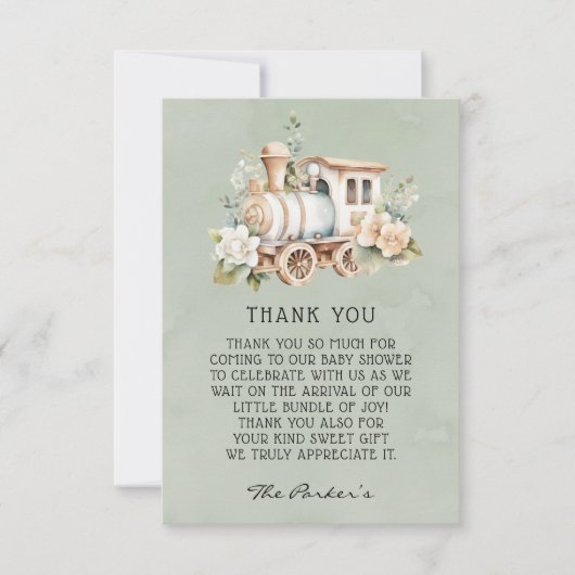 Sage Dusty Blue Train Baby shower Dank u kaarten (Voorkant)
