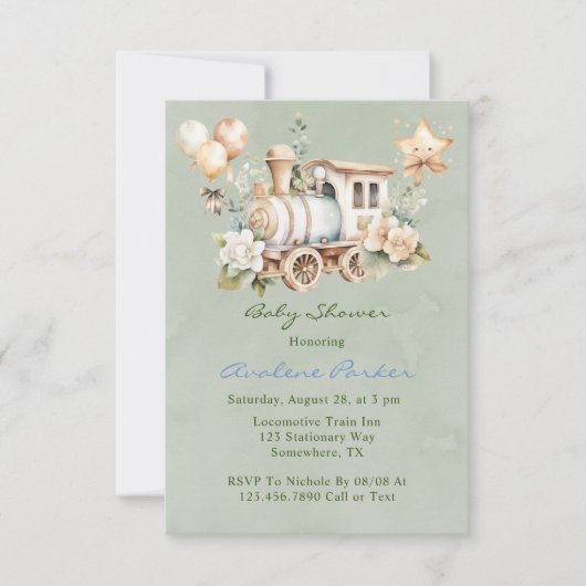 Sage Dusty Blue Train Boy Baby shower Bedankkaart (Voorkant)